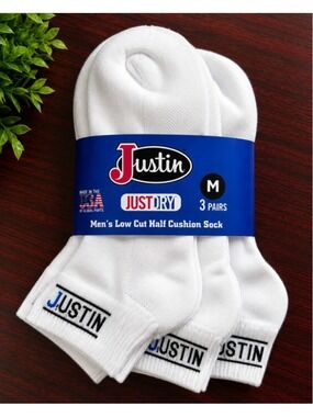 Justin JustDry Men’s Low Cut Half Cushion Socks 3 Pair Pack White Medium NWT